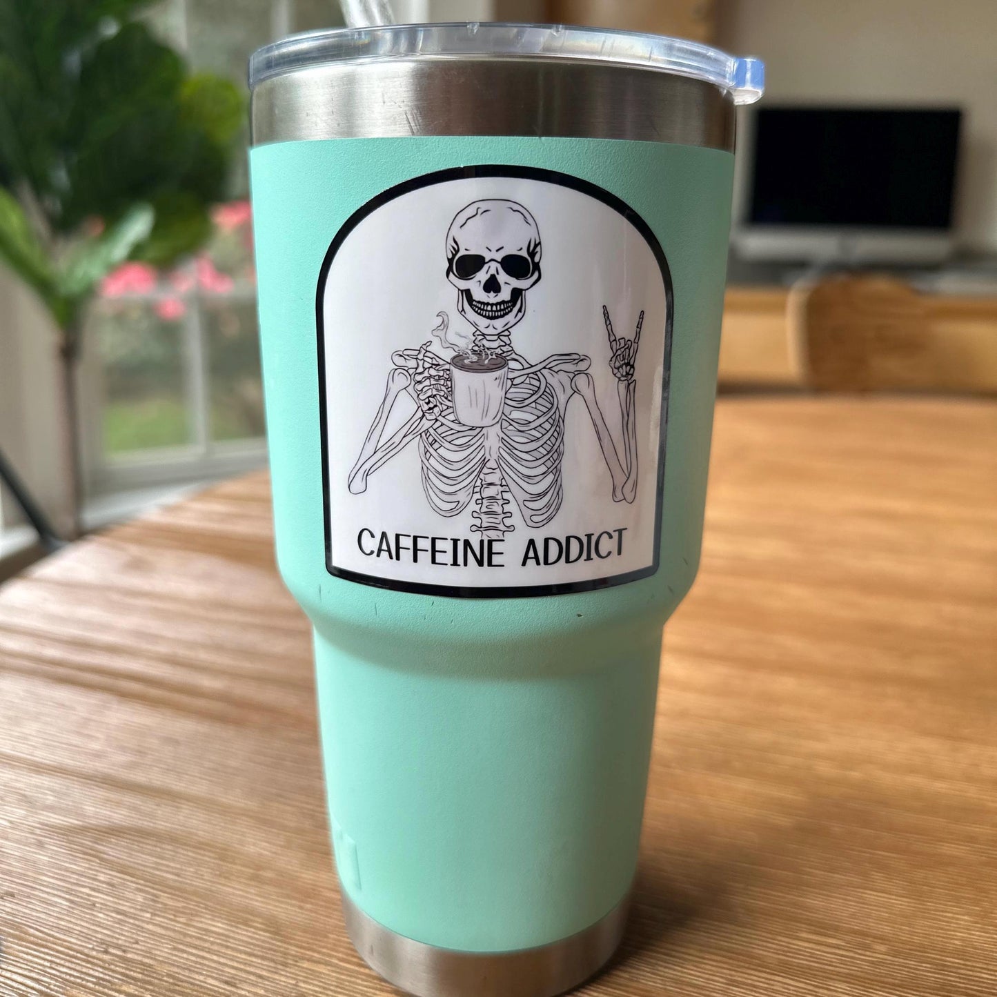 Caffeine Addict Skeleton Vinyl Sticker | Waterproof | Water bottle sticker