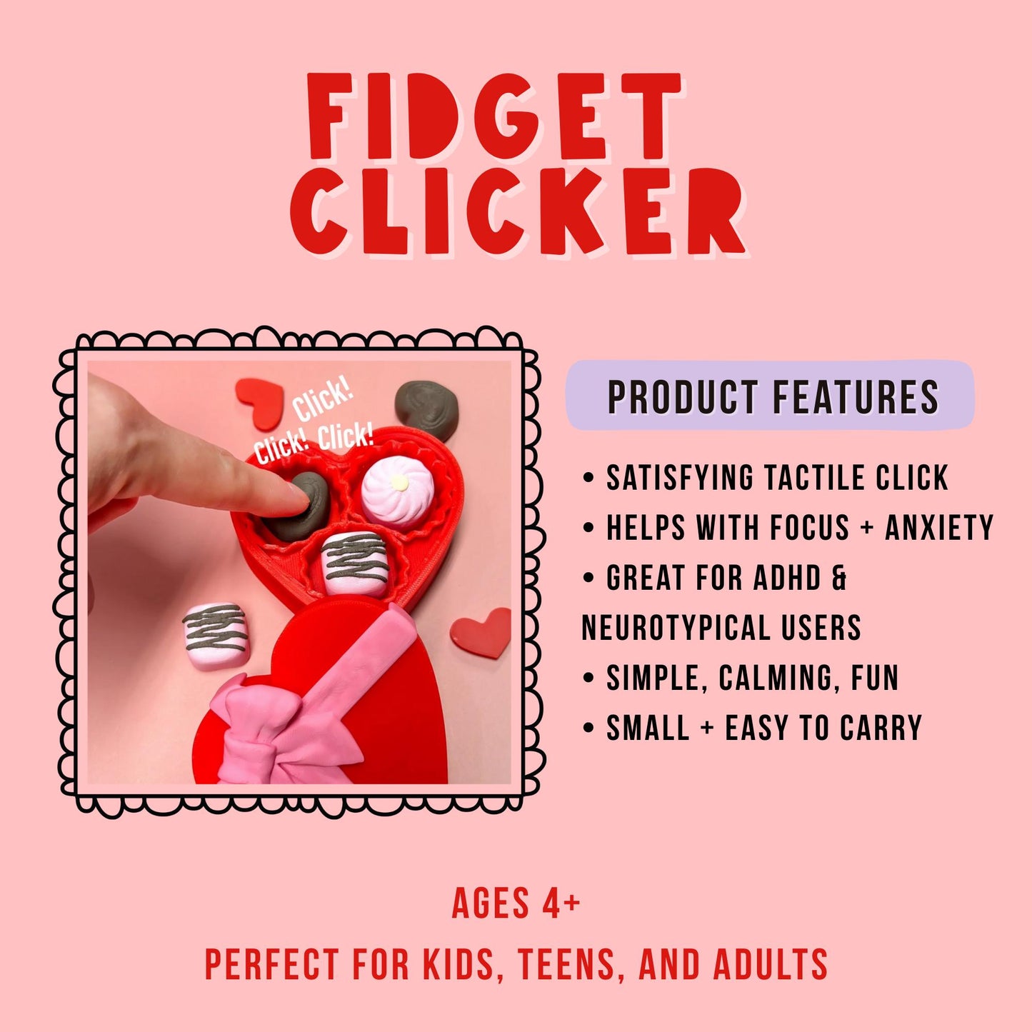 Fidget Clicker Valentines Heart Shaped Chocolate Box | Stress Relief | LOVE | ADHD | Gifts