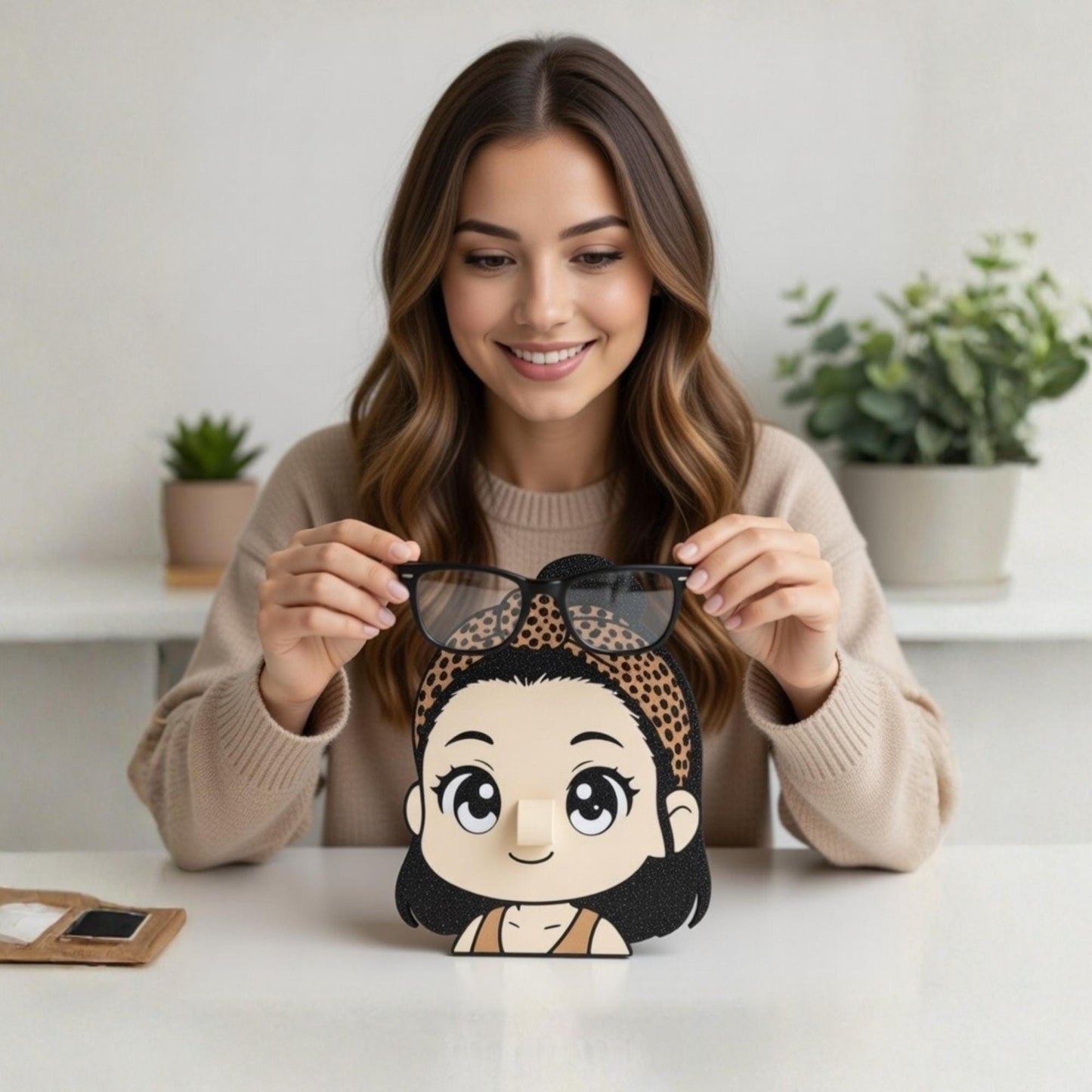 Custom Glasses Stand with Cartoon Face, Personalized Eyewear Holder, Desk Organizer Gift